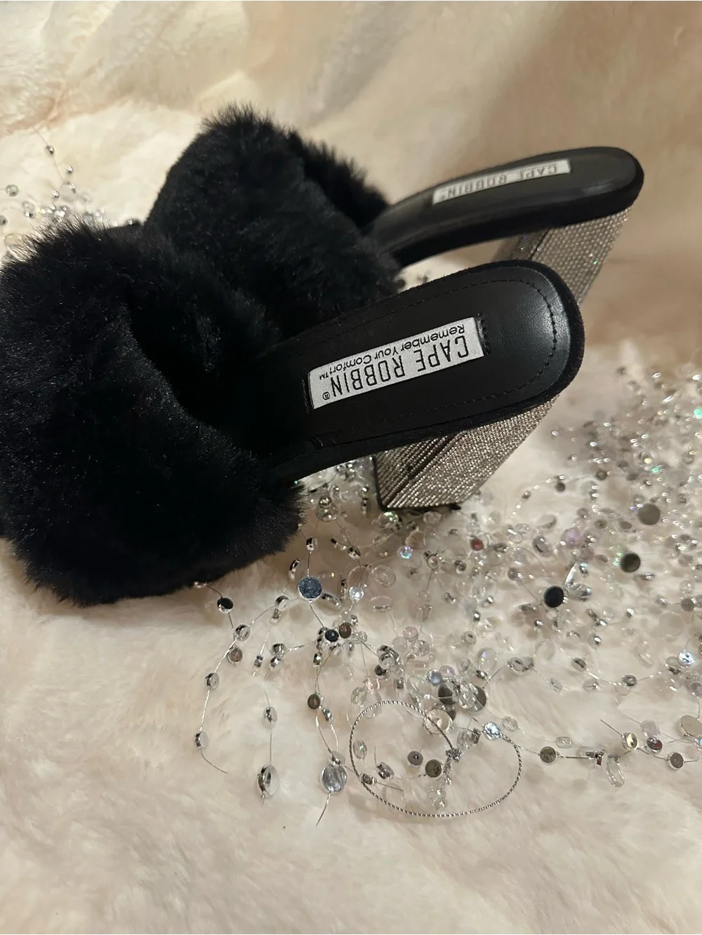 Cape Robbin Black Faux Fur Mules with Rhinestone Block Heel - Picture 7 of 7